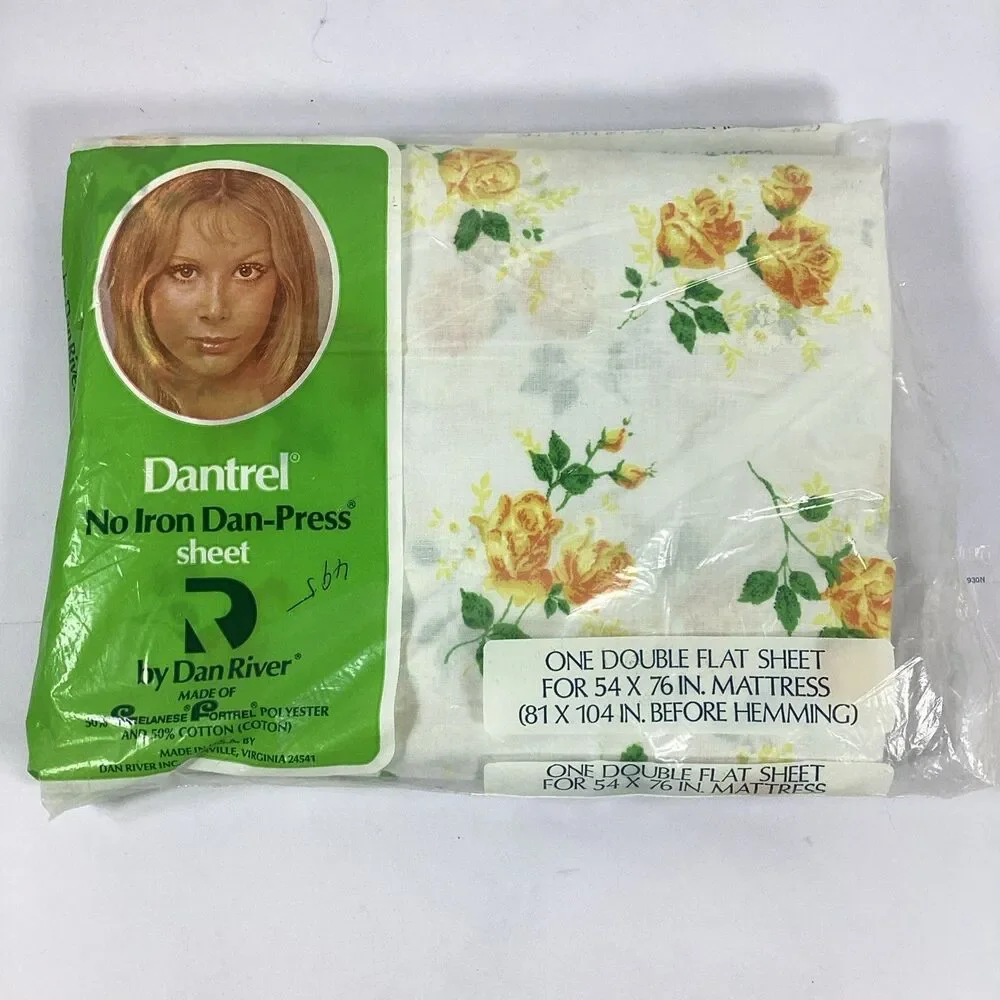 Vtg Dantrel Floral Double Sheet Set Flat Fitted 2 Cases New Old Stock Dan River